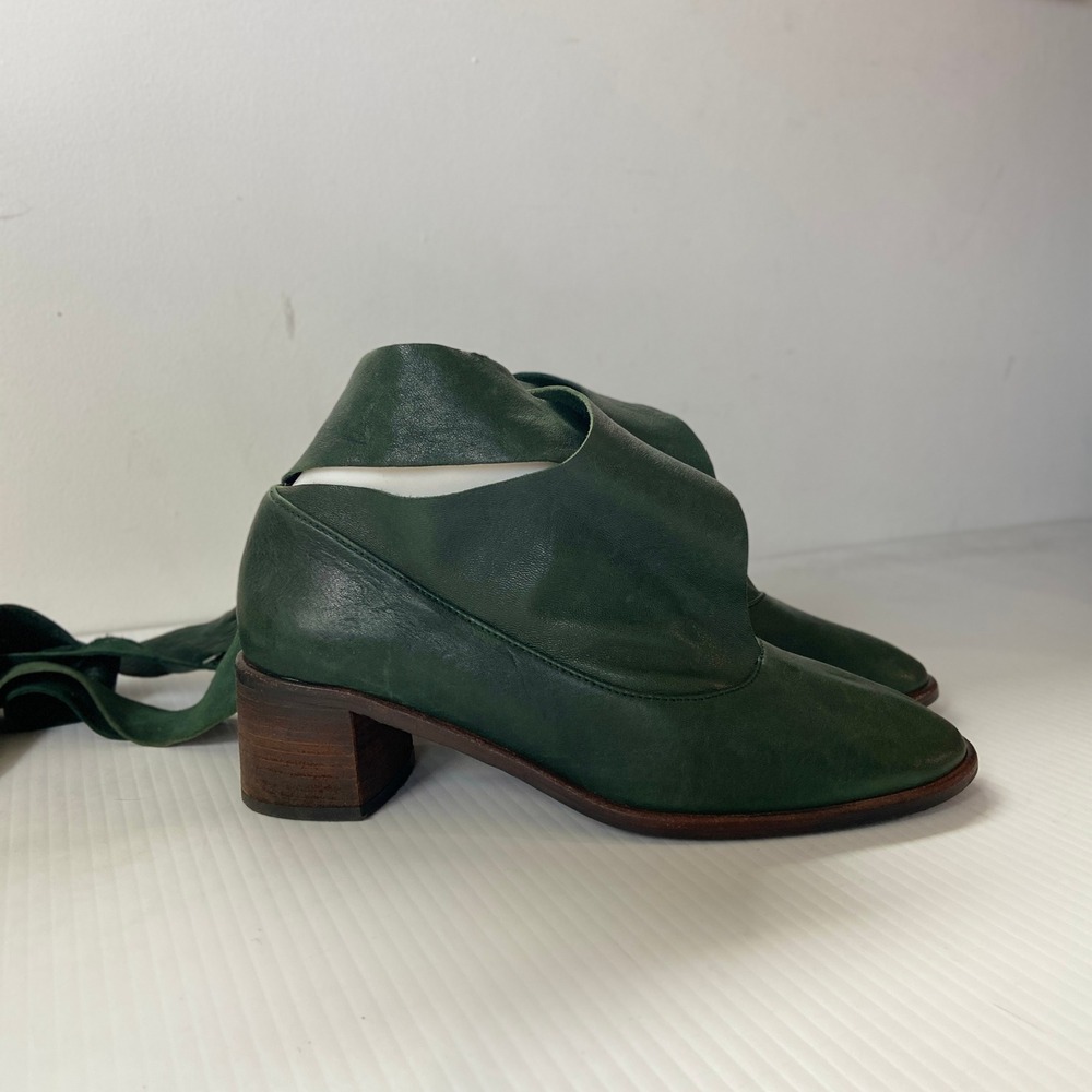 Anthro Kupuri Edith Ankle Wrap Heels Forest Green Leather Womens EU 37 US 6.5 7